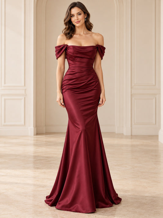 Off-Shoulder Burgundy Ruched Satin Fitted Long Mermaid Formal Bridesmaid Dress — image 1, style 113607