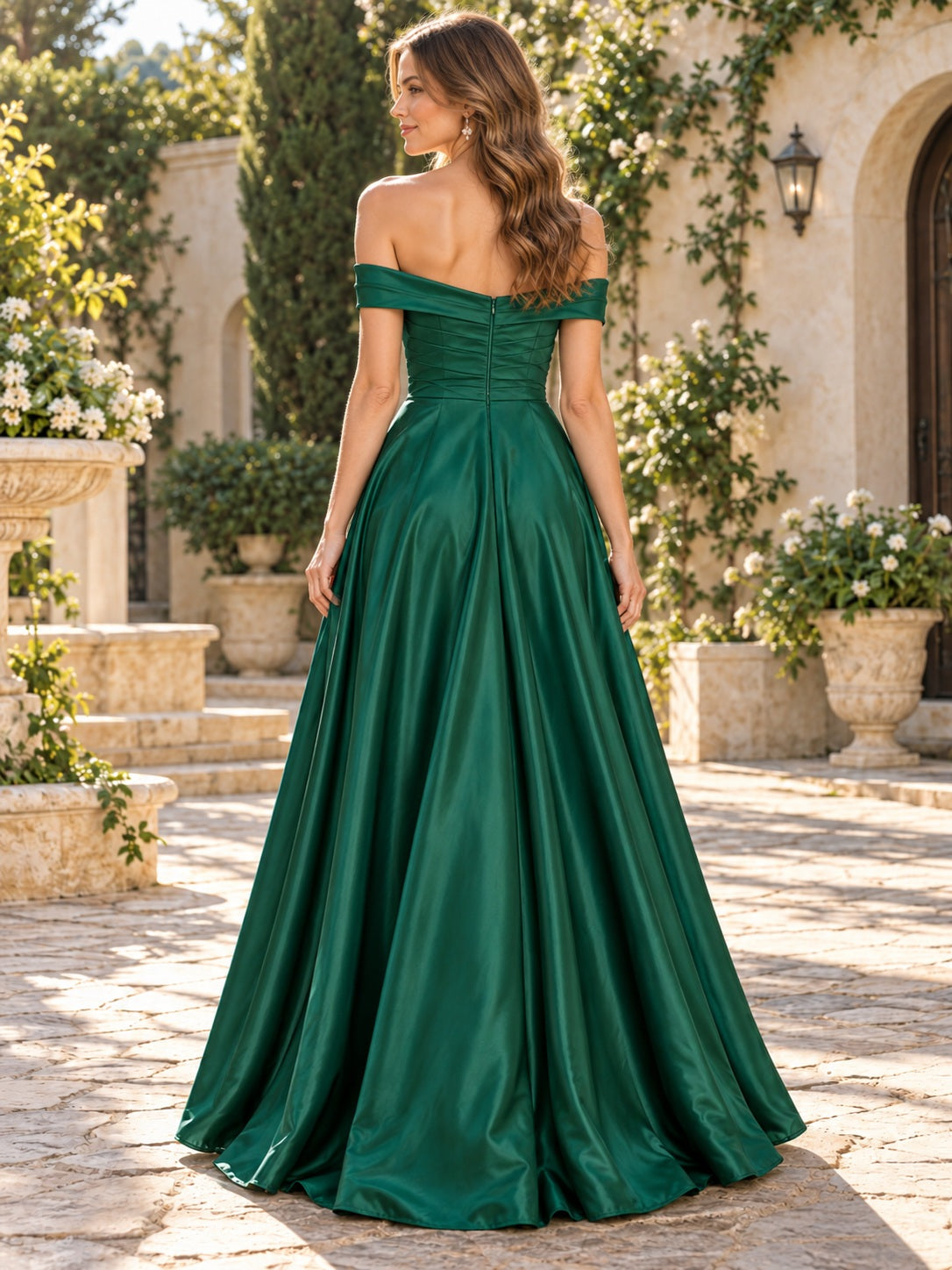 Vestido de dama de honor de satén en verde oscuro, línea A, hombros descubiertos y largo hasta el suelo