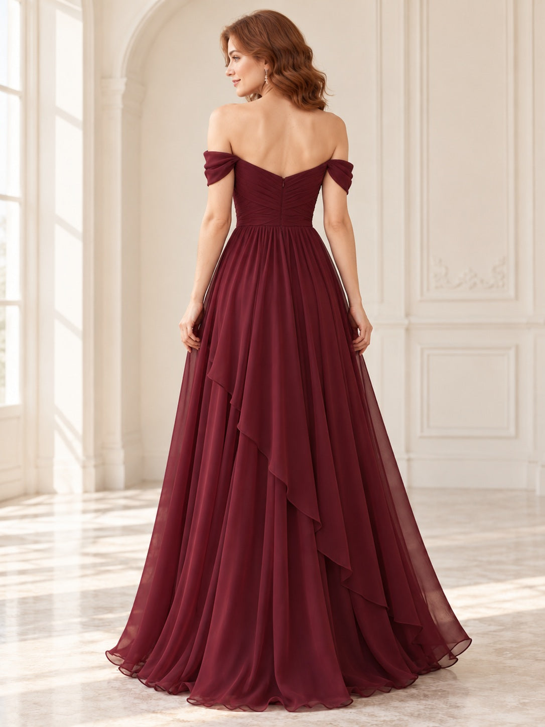 Off-Shoulder Burgundy Sweetheart Ruched Chiffon Cascading Ruffle A-line Bridesmaid Dress — image 2, style 113613