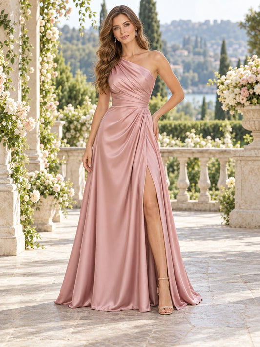 Vestido de dama de honor de satén en rosa antiguo, línea A, un hombro, sin mangas y largo hasta el suelo