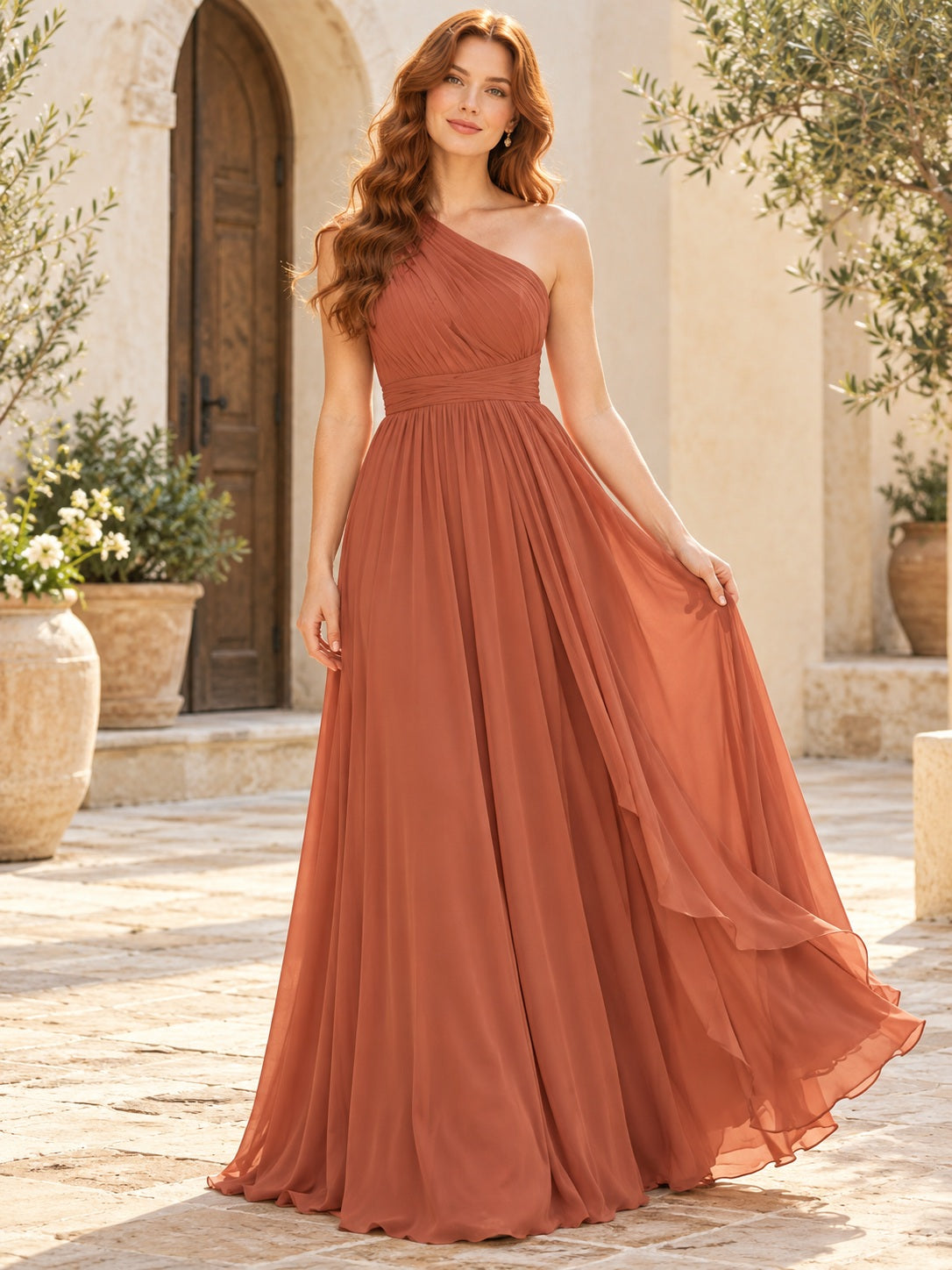 Robe de demoiselle d'honneur longue trapèze asymétrique en mousseline plissée terracotta drapée et fluide