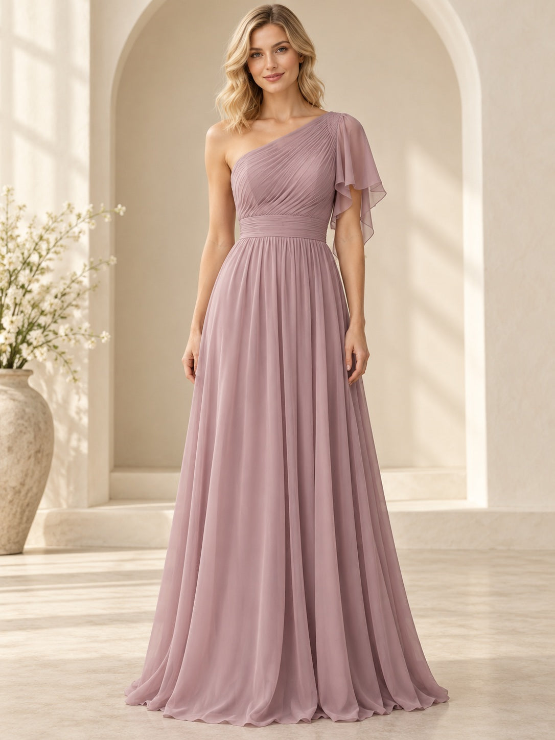 Vestido de dama de honor de gasa en malva, línea A, un hombro, manga corta y largo hasta el suelo