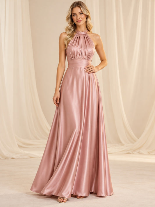 Vestido de dama de honor de satén en rosa antiguo, línea A, escote halter y cuello alto, sin mangas y largo hasta el suelo