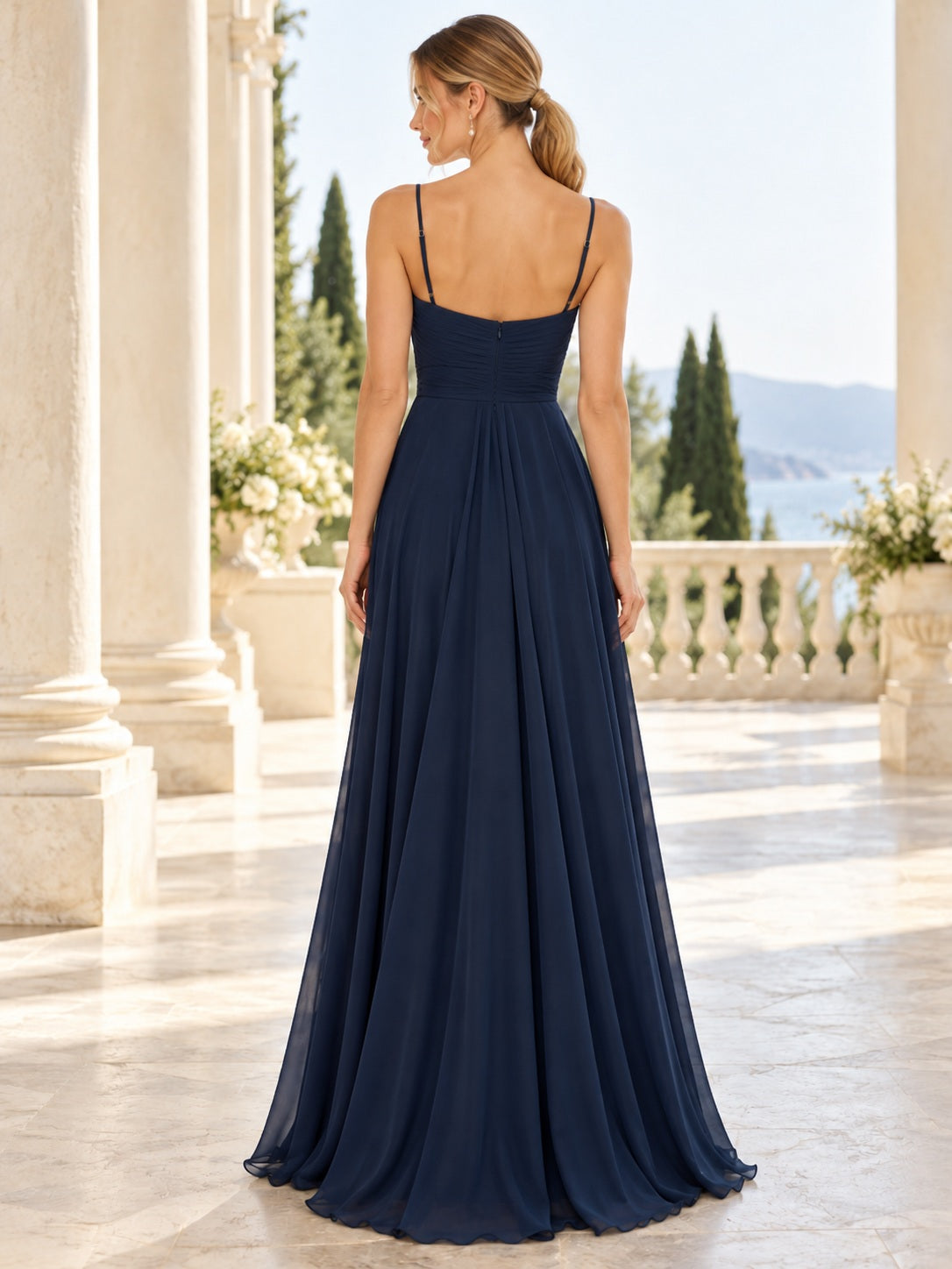 Robe de demoiselle d'honneur simple en mousseline bleu marine foncé, coupe trapèze, à col bénitier et fines bretelles