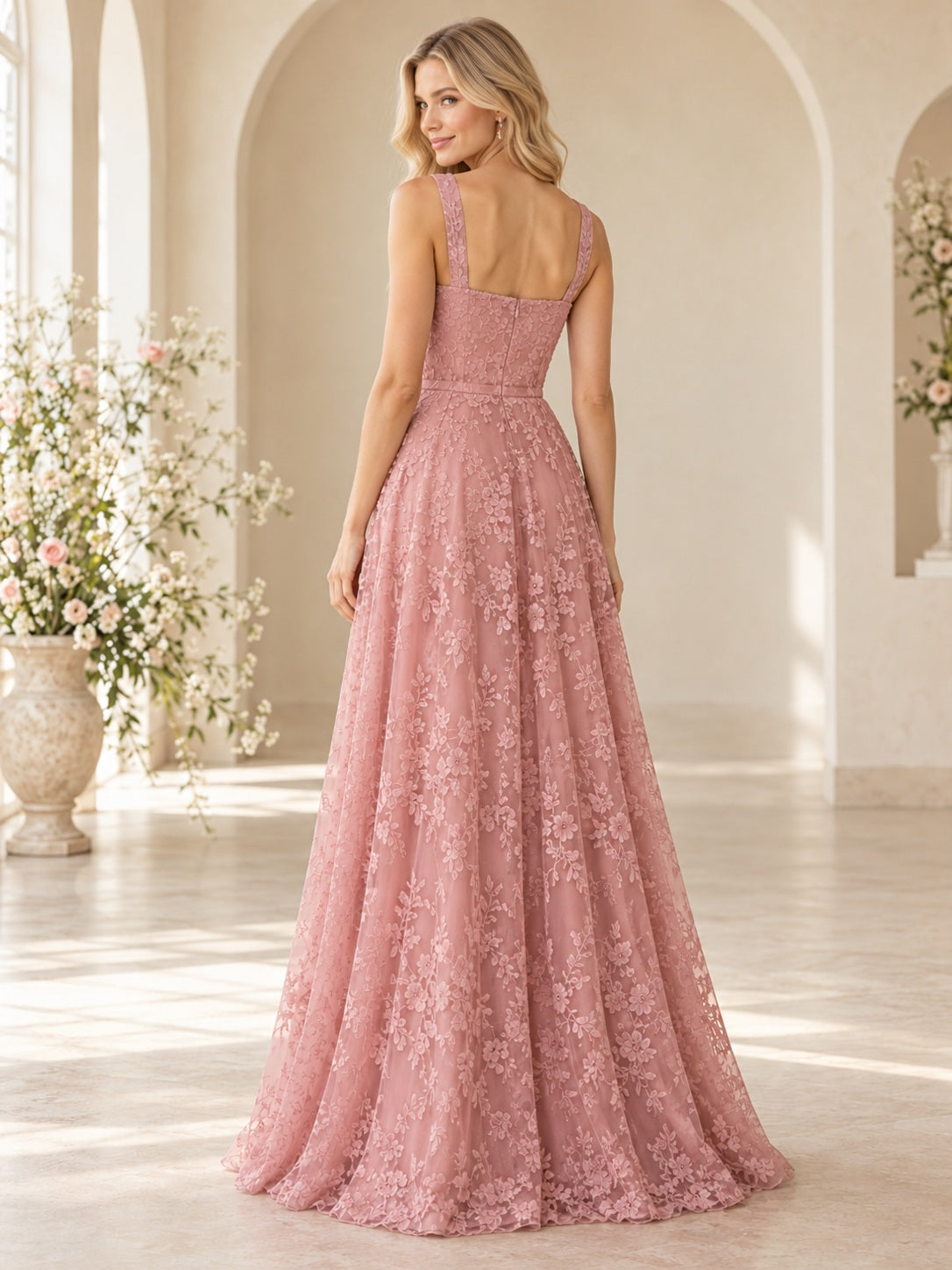 Vestido de dama de honor de encaje en rosa antiguo, línea A, escote cuadrado, sin mangas y largo hasta el suelo