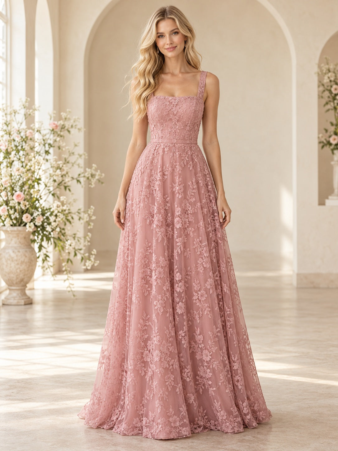 Vestido de dama de honor de encaje en rosa antiguo, línea A, escote cuadrado, sin mangas y largo hasta el suelo