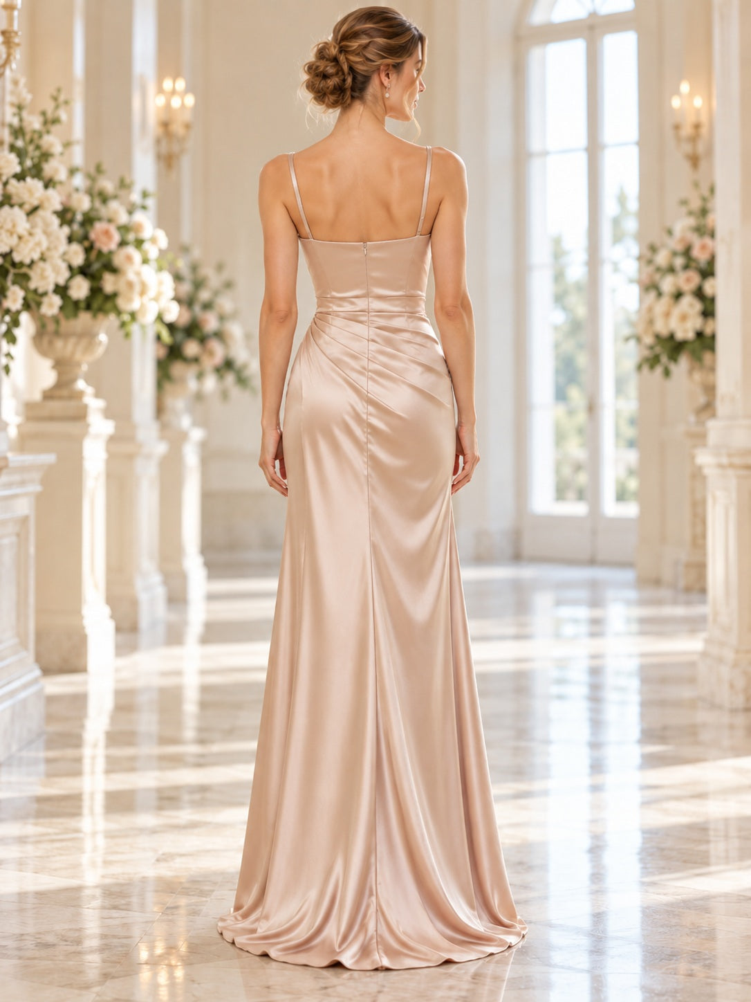 Robe de demoiselle d'honneur fourreau longue en satin champagne à encolure carrée, fines bretelles, froncée et drapée
