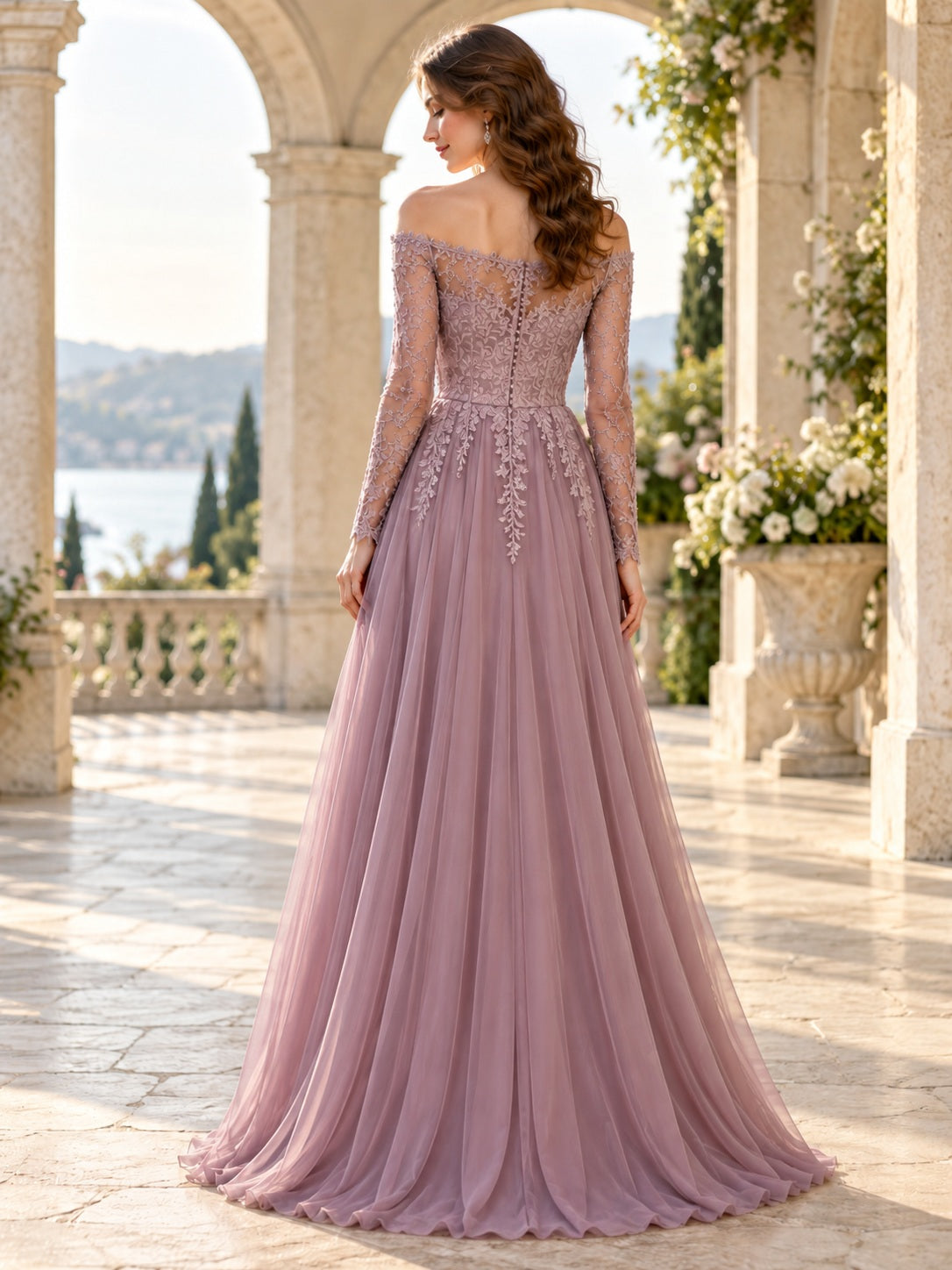 Robe de demoiselle d'honneur trapèze en mousseline à manches longues, épaules dénudées, en dentelle florale mauve