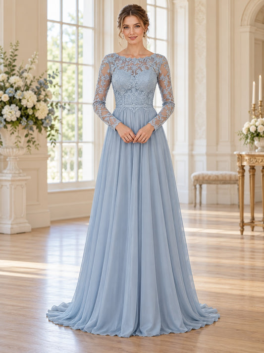 Robe de demoiselle d'honneur trapèze en mousseline bleu ciel à manches longues, col illusion et dentelle