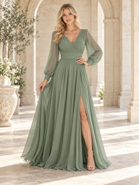 Robe de demoiselle d'honneur trapèze en mousseline plissée vert sauge à manches longues, col en V et fente