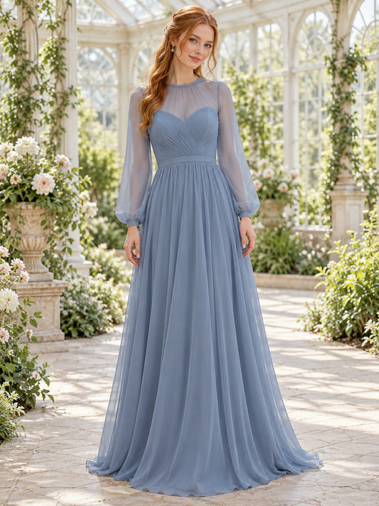 Robe de demoiselle d'honneur sobre en mousseline bleu ardoise, coupe trapèze, à manches longues et encolure illusion