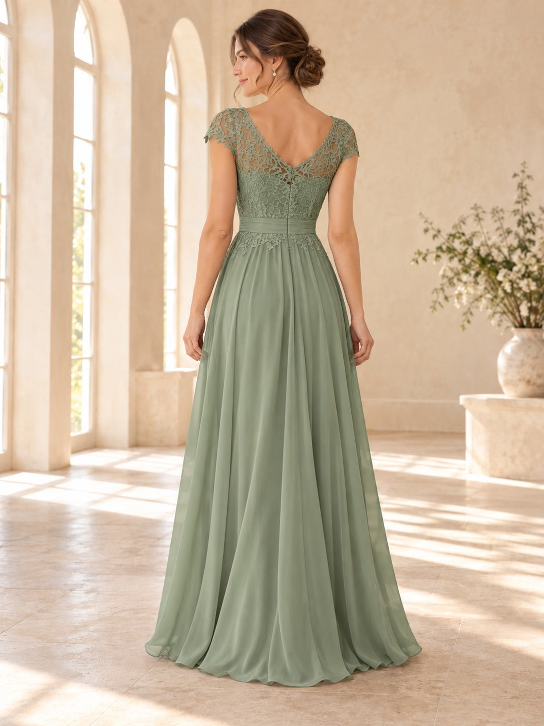Cap Sleeve Sage Scoop Neck Floral Lace Chiffon A-line Bridesmaid Dress — image 2, style 113677