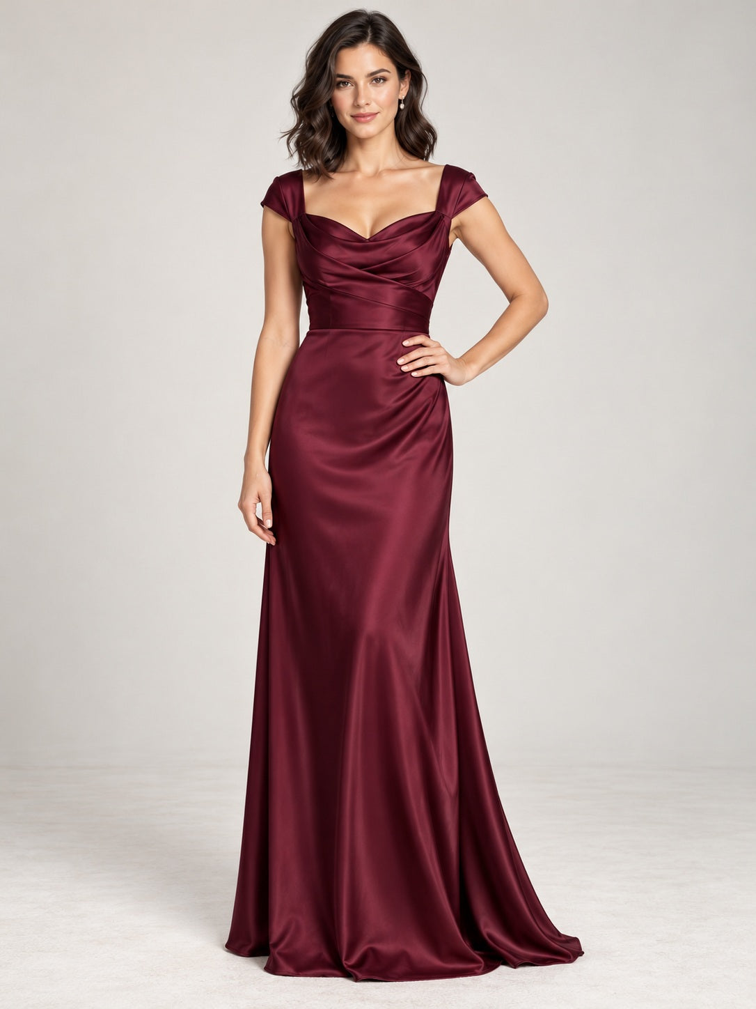 Cap Sleeve Burgundy Sweetheart Draped Satin Fitted Mermaid Bridesmaid Dress — image 1, style 113685