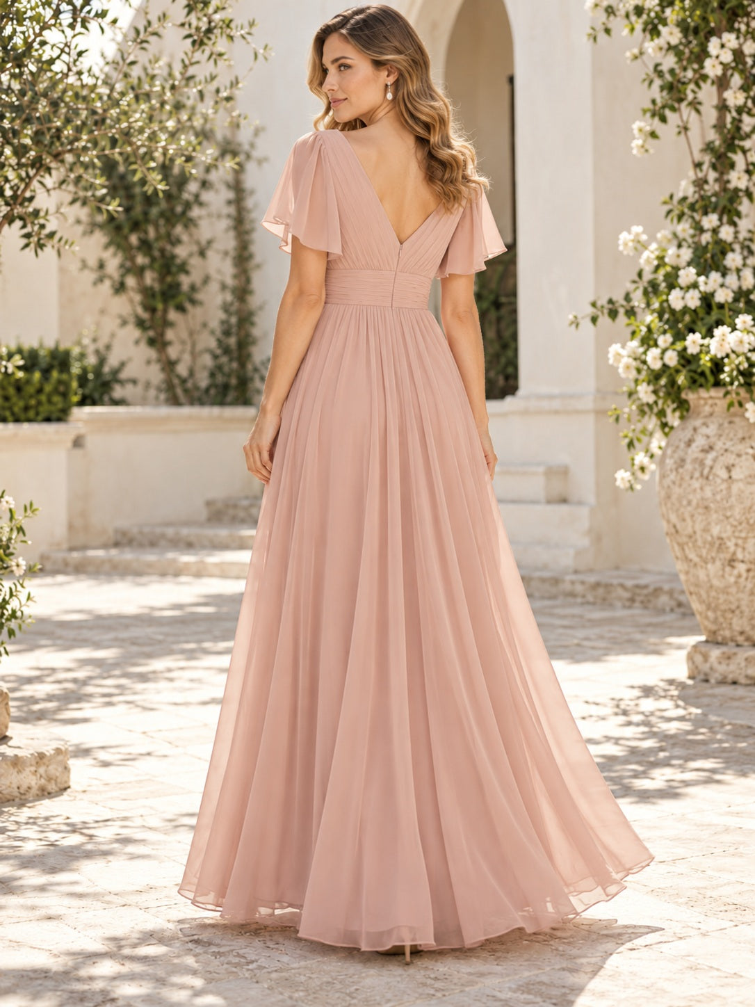 Vestido de dama de honor de gasa en rosa empolvado, línea A, escote en V, manga corta y largo hasta el suelo