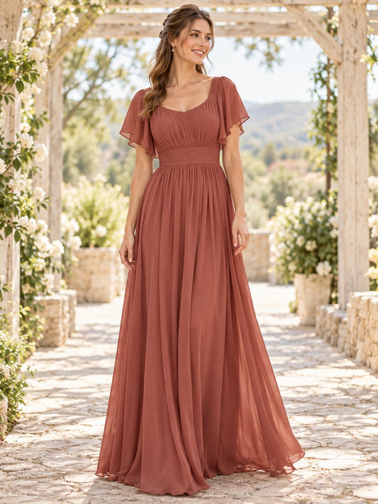 Vestido de dama de honor de gasa en papaya, línea A, escote redondo, manga corta y largo hasta el suelo