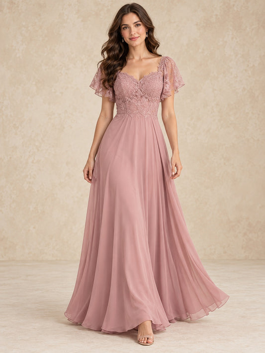 Vestido de dama de honor de encaje y gasa en rosa antiguo, línea A, escote corazón, manga corta y largo hasta el suelo