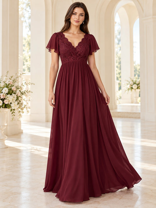Vestido de dama de honor de encaje y gasa en borgoña, línea A, escote en V, manga corta y largo hasta el suelo