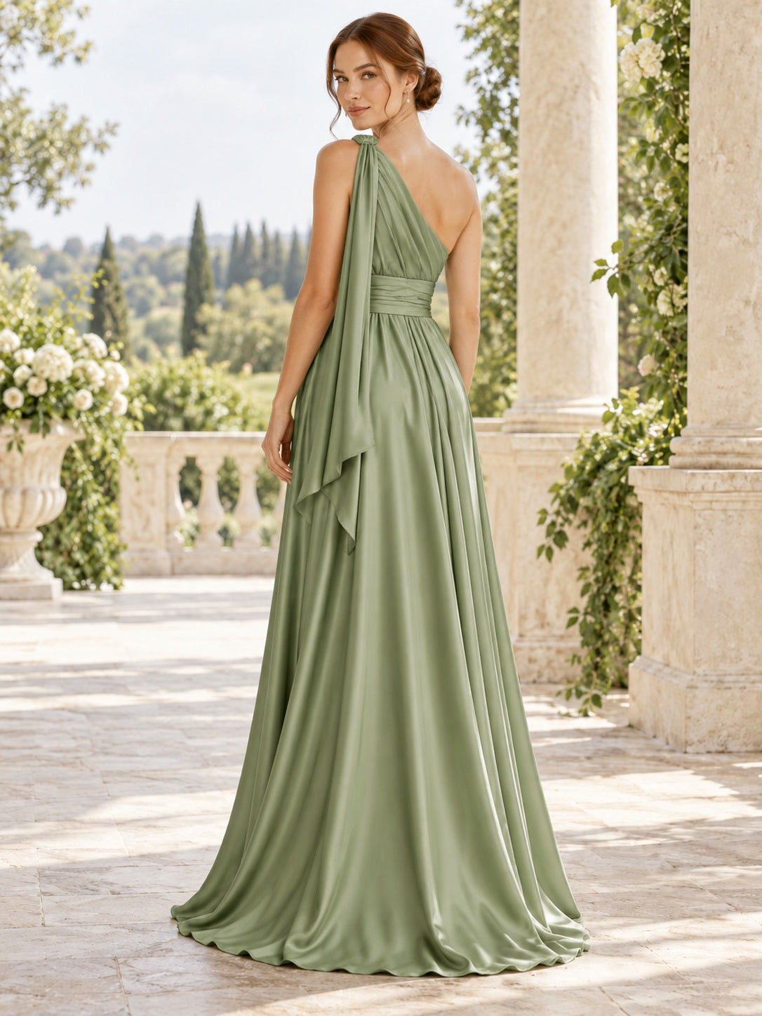 Sage One-Shoulder Draped Satin Sash Detail Long A-line Bridesmaid Dress — image 2, style 113697