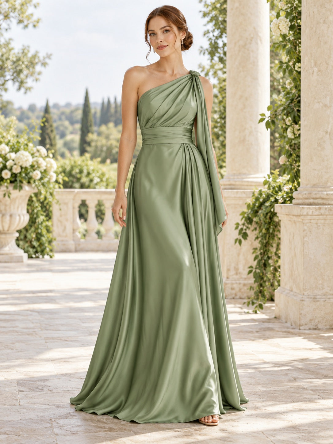 Sage One-Shoulder Draped Satin Sash Detail Long A-line Bridesmaid Dress — image 1, style 113697