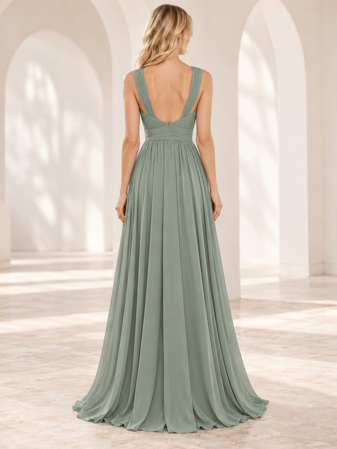 Simple Sage Sweetheart Wide Strap Pleated Chiffon Long A-line Bridesmaid Dress — image 2, style 113701