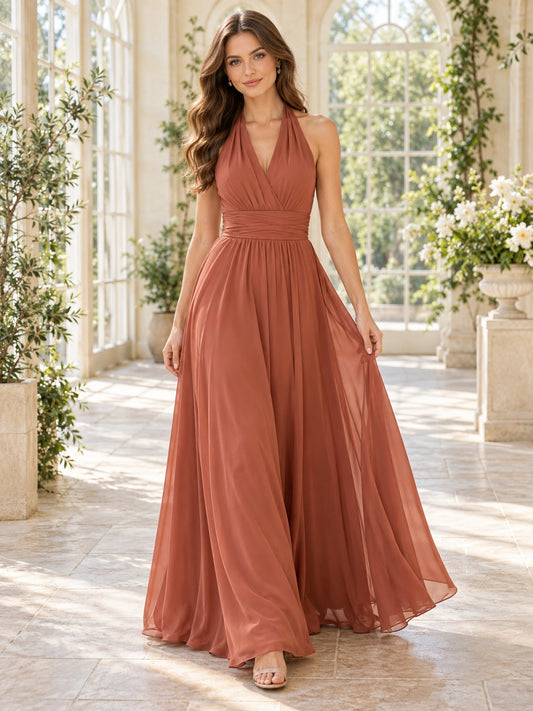 Vestido de dama de honor de gasa en papaya, línea A, escote en V y escote halter, sin mangas y largo hasta el suelo