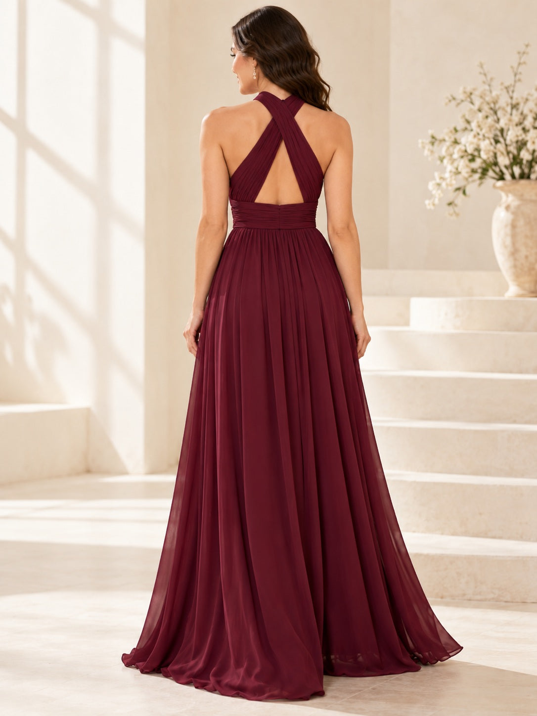 Burgundy Cross Halter Pleated Chiffon Open Back Long A-line Bridesmaid Dress — image 2, style 113705