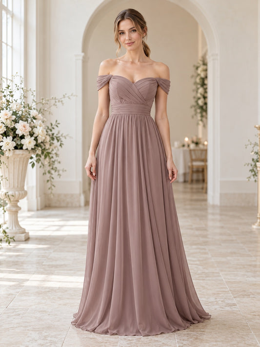 Vestido de dama de honor de gasa en topo, línea A, hombros descubiertos y escote corazón y largo hasta el suelo