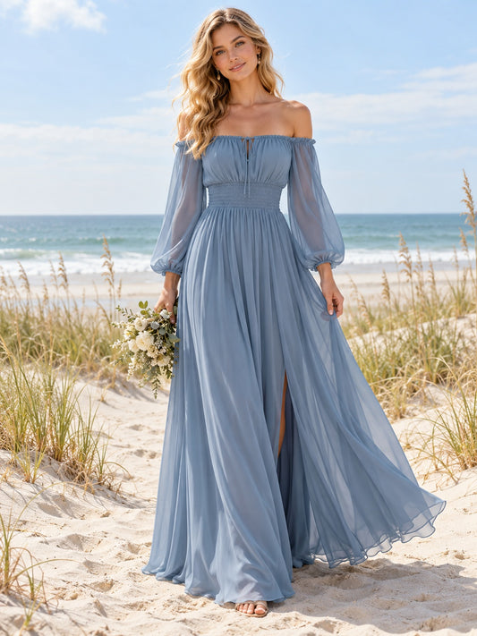 Vestido de dama de honor de gasa en azul pizarra, línea A, hombros descubiertos, manga larga y largo hasta el suelo