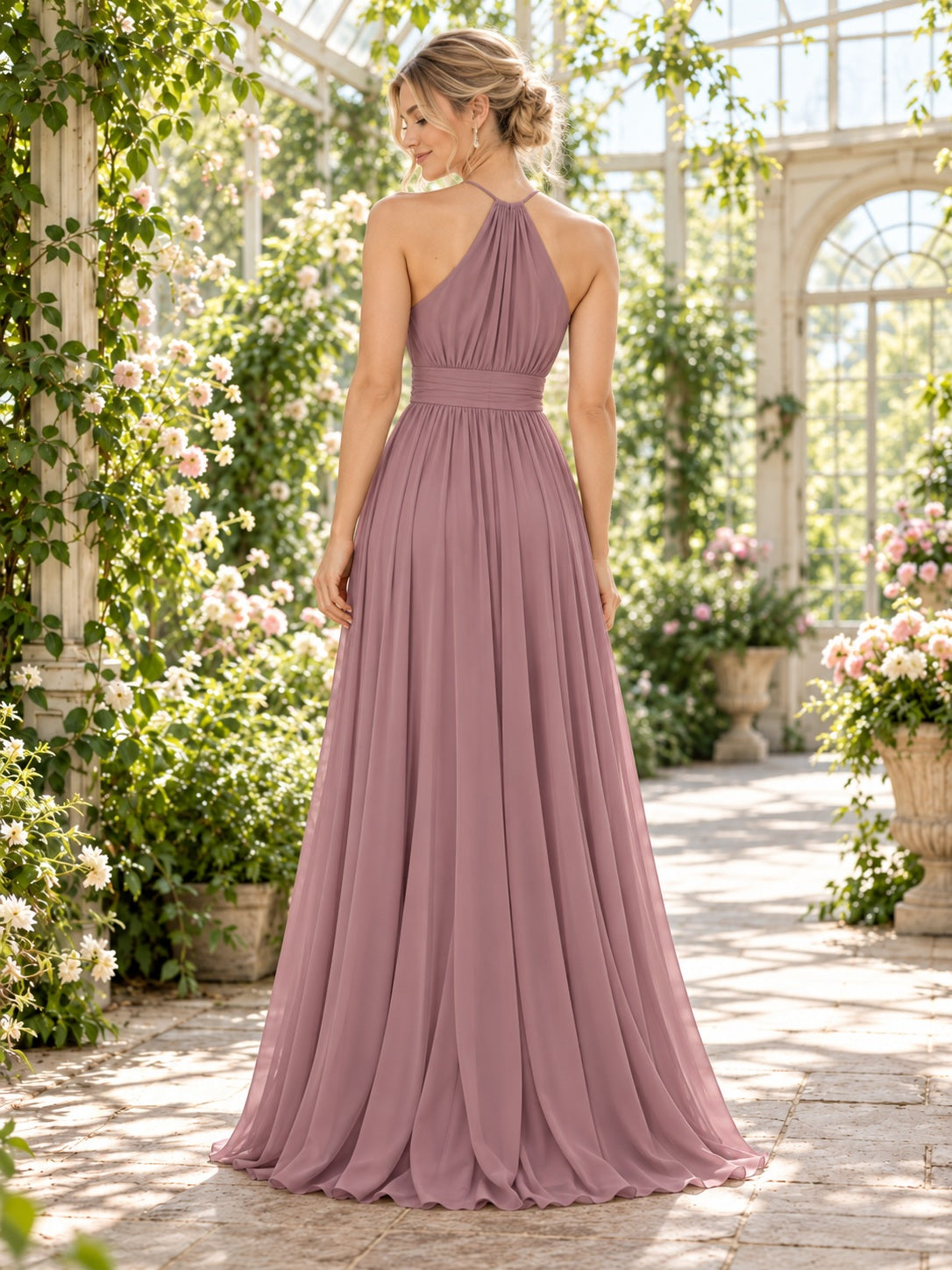 Boho Mauve Halter High Neck Chiffon Ruffled A-line Long Bridesmaid Dress — image 2, style 113724