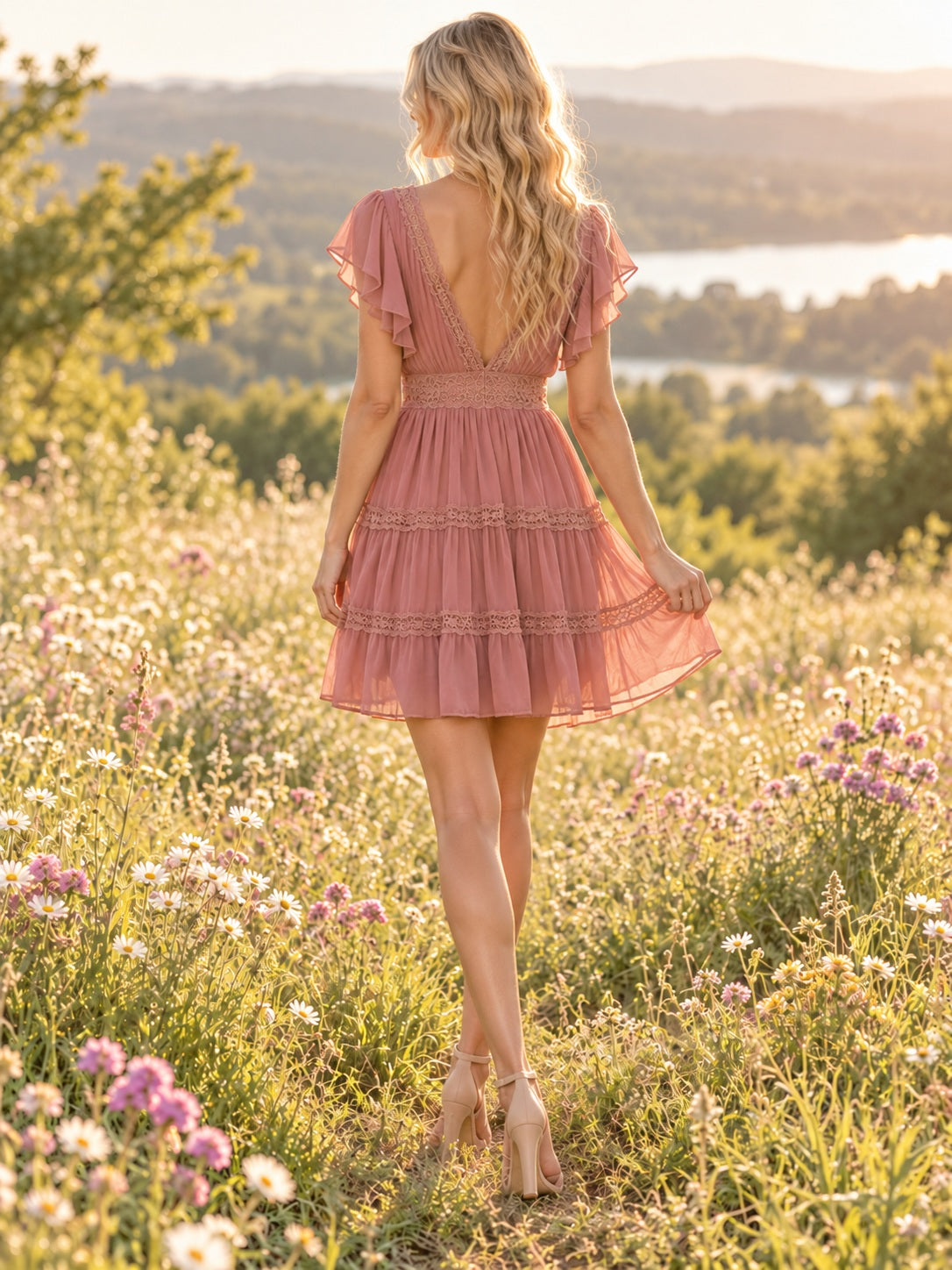 Robe de demoiselle d'honneur courte bohème en mousseline à volants, col en V et manches papillon, rose poudré