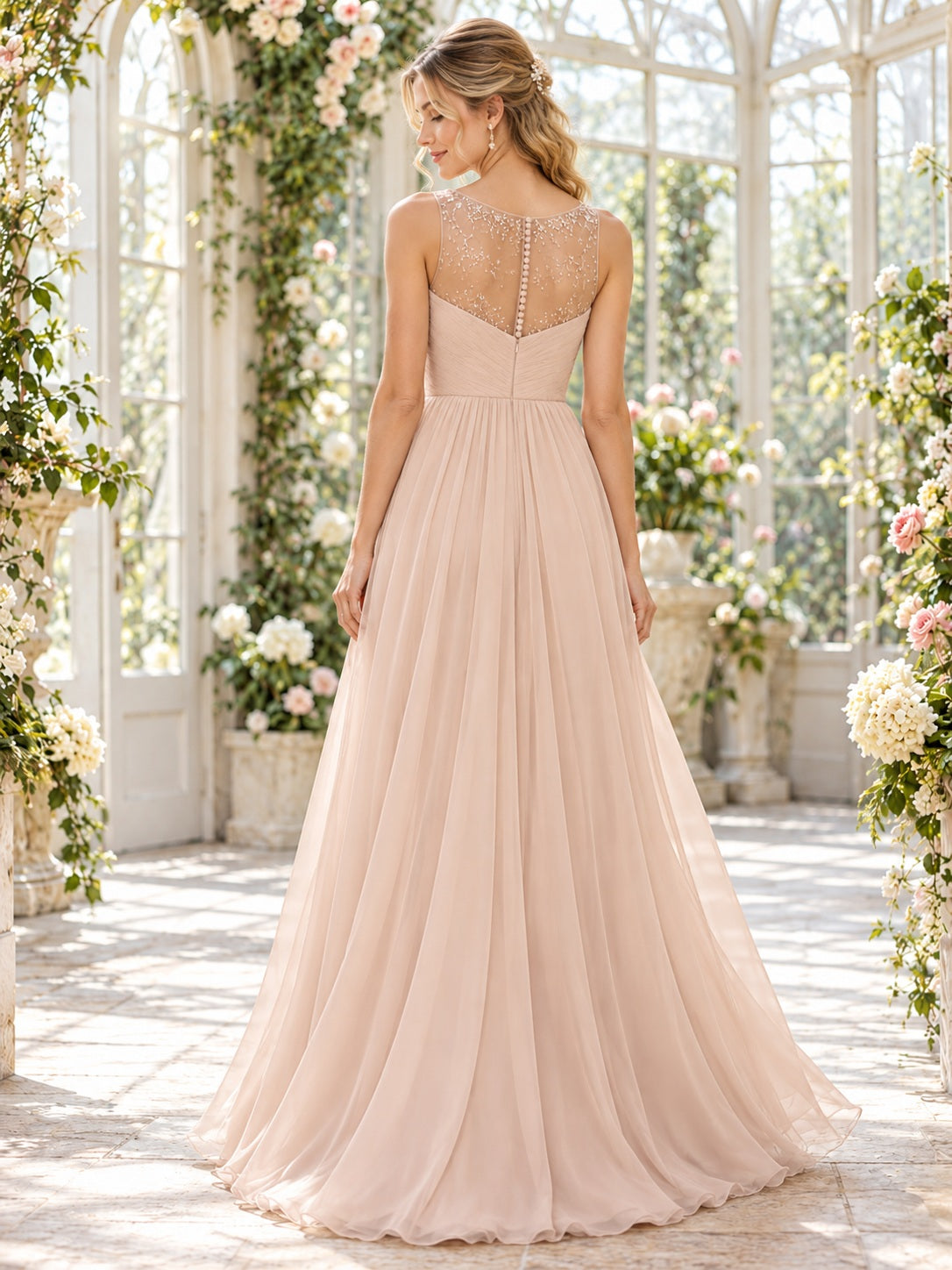 Robe de demoiselle d'honneur longue coupe trapèze en mousseline et tulle, sans manches, à encolure illusion et perles, couleur champagne