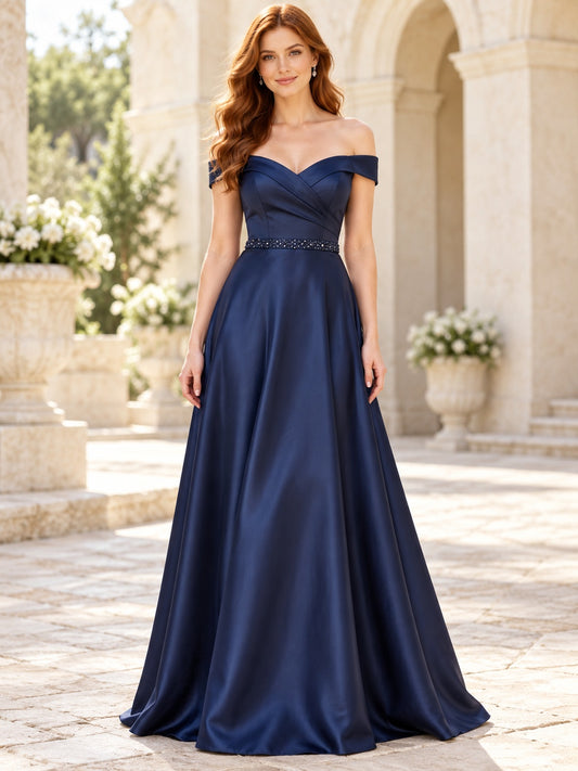 Dark Navy Off-Shoulder Sweetheart Beaded Waist Satin A-line Long Bridesmaid Dress — image 1, style 113746