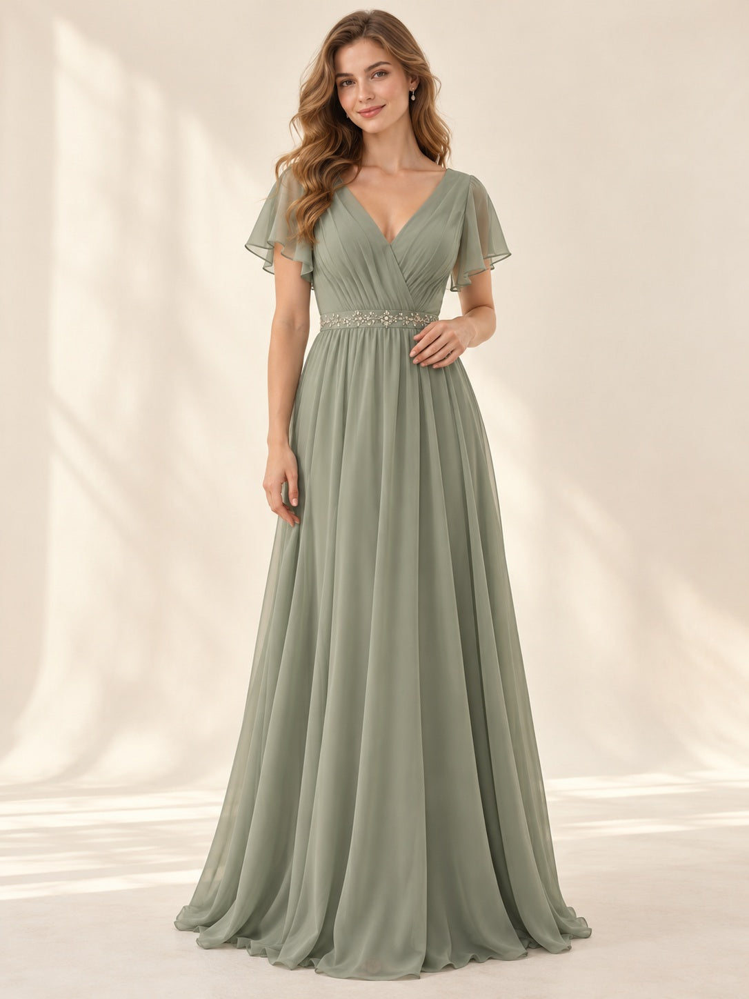 Sage V-neck Flutter Sleeve Beaded Waist Chiffon Long A-line Bridesmaid Dress — image 1, style 113751
