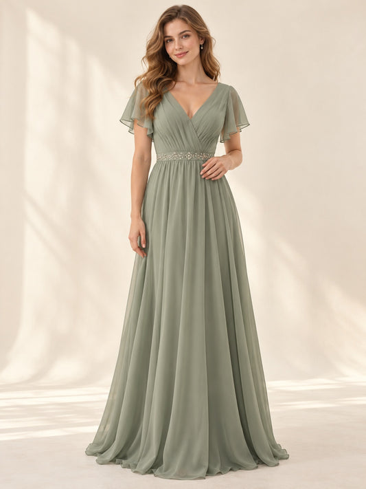 Vestido de dama de honor de gasa en verde salvia, línea A, escote en V, manga corta y largo hasta el suelo