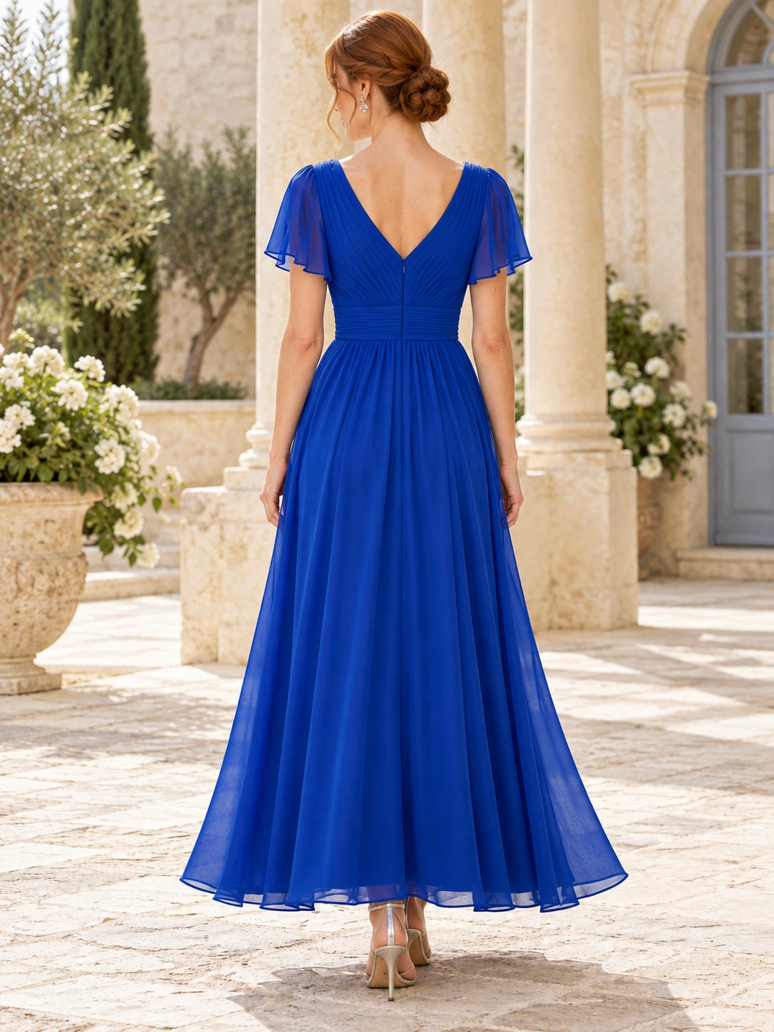 Royal Blue V-Neck Flutter Sleeve Ruched Chiffon A-Line Ankle-Length Wedding Guest Dress