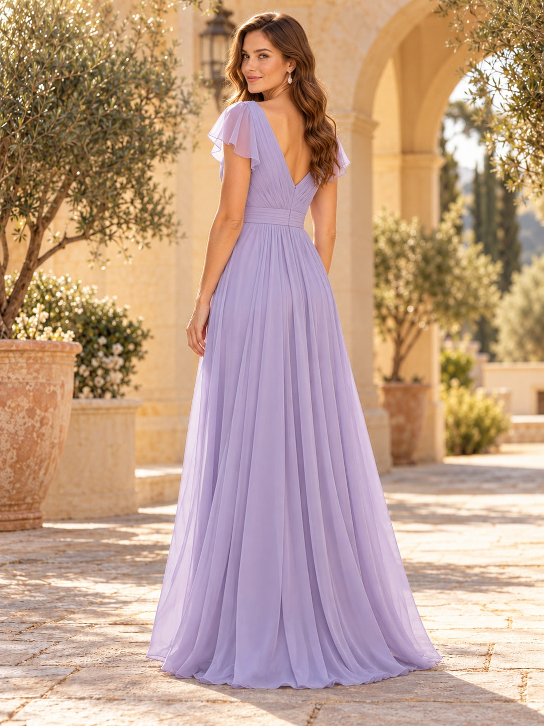 Lavender V-Neck Flutter Sleeve Ruched Chiffon A-Line Long Romantic Wedding Guest Dress