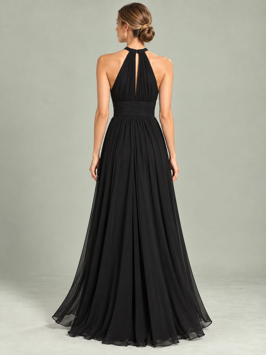 Black Halter Simple A-Line Chiffon Ruched Sleeveless Long Bridesmaid Dress