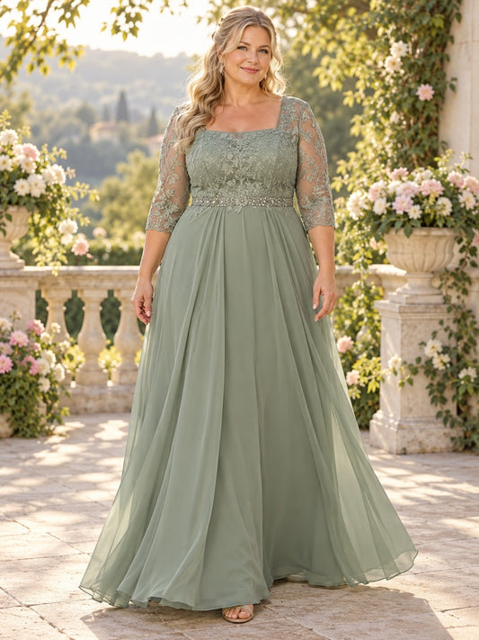 Robe Mère Grande Taille En Mousseline Vert Sauge À Encolure Carrée En Dentelle Manches Trois Quarts