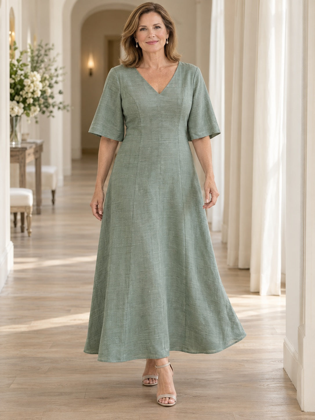 Simple Modest Sage Half Sleeve V-neck A-line Mother Dress - view 1