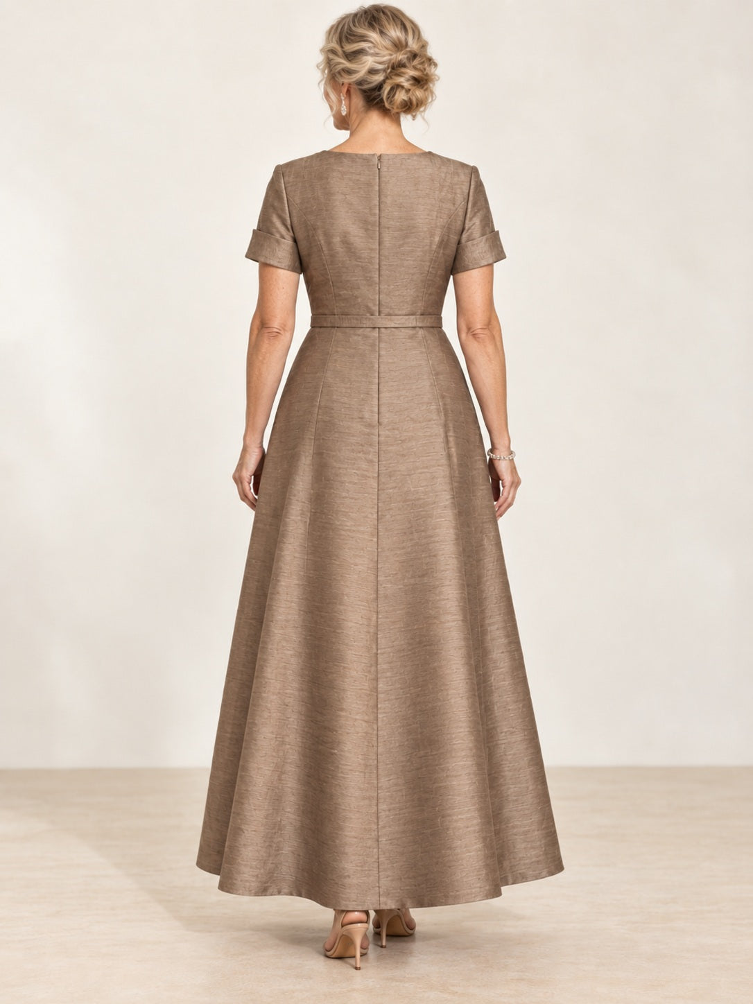 Simple Elegant Taupe Belted V-neck A-line Mother Dress - view 2