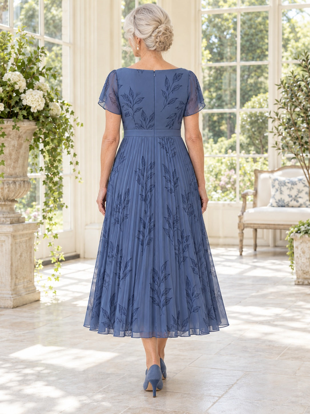 Modest Tea-length Blue Older Brides Bateau Large Leaf Print Mother Dress - view 2
