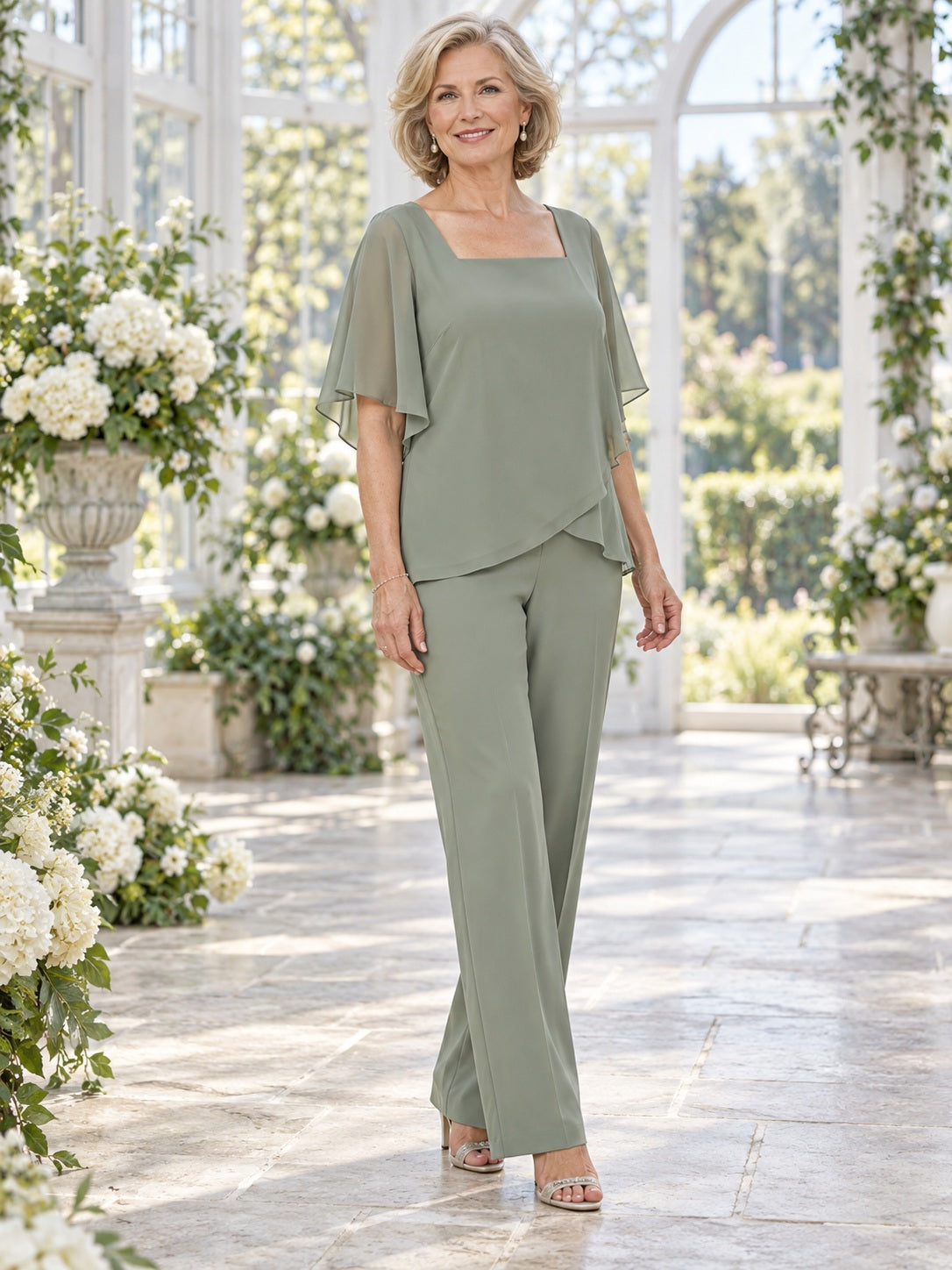 Tailleur-pantalon deux pièces pudique à col carré, manches souples et superposition, vert sauge