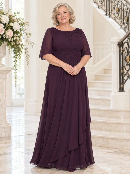 Robe Maman Grande Taille Prune en Mousseline Encolure Arrondie Demi-Manches Drapée