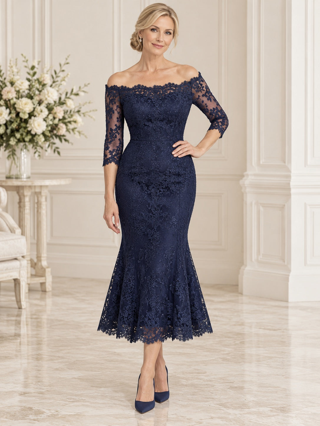 Vestido para madre de la novia o del novio de encaje en azul marino oscuro, de inspiración vintage, corte sirena, hombros descubiertos, manga tres cuartos y largo al tobillo