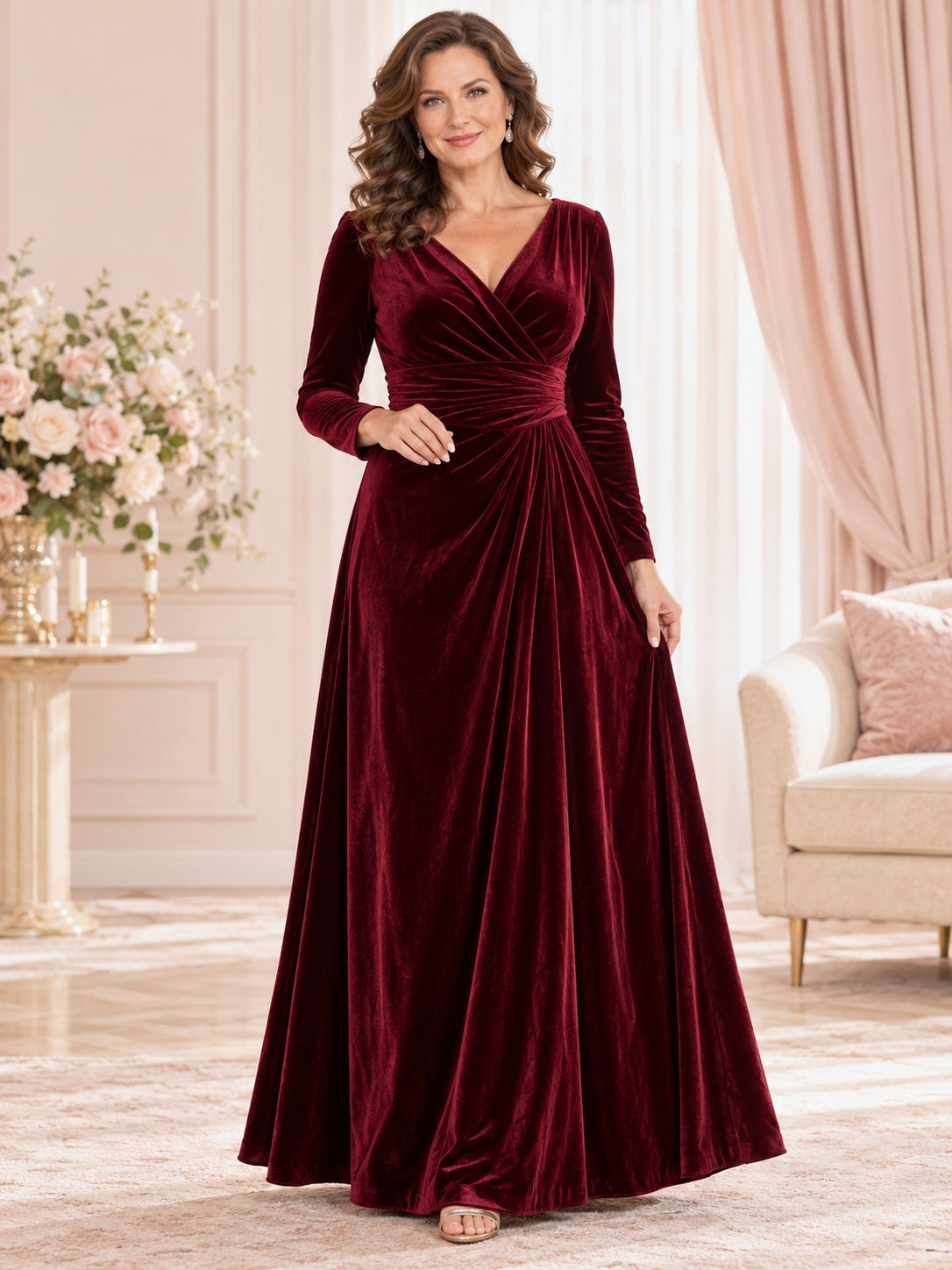 Long Sleeve Burgundy Velvet V-Neck Gathered Waist Full A-Line Mother Gown — front view