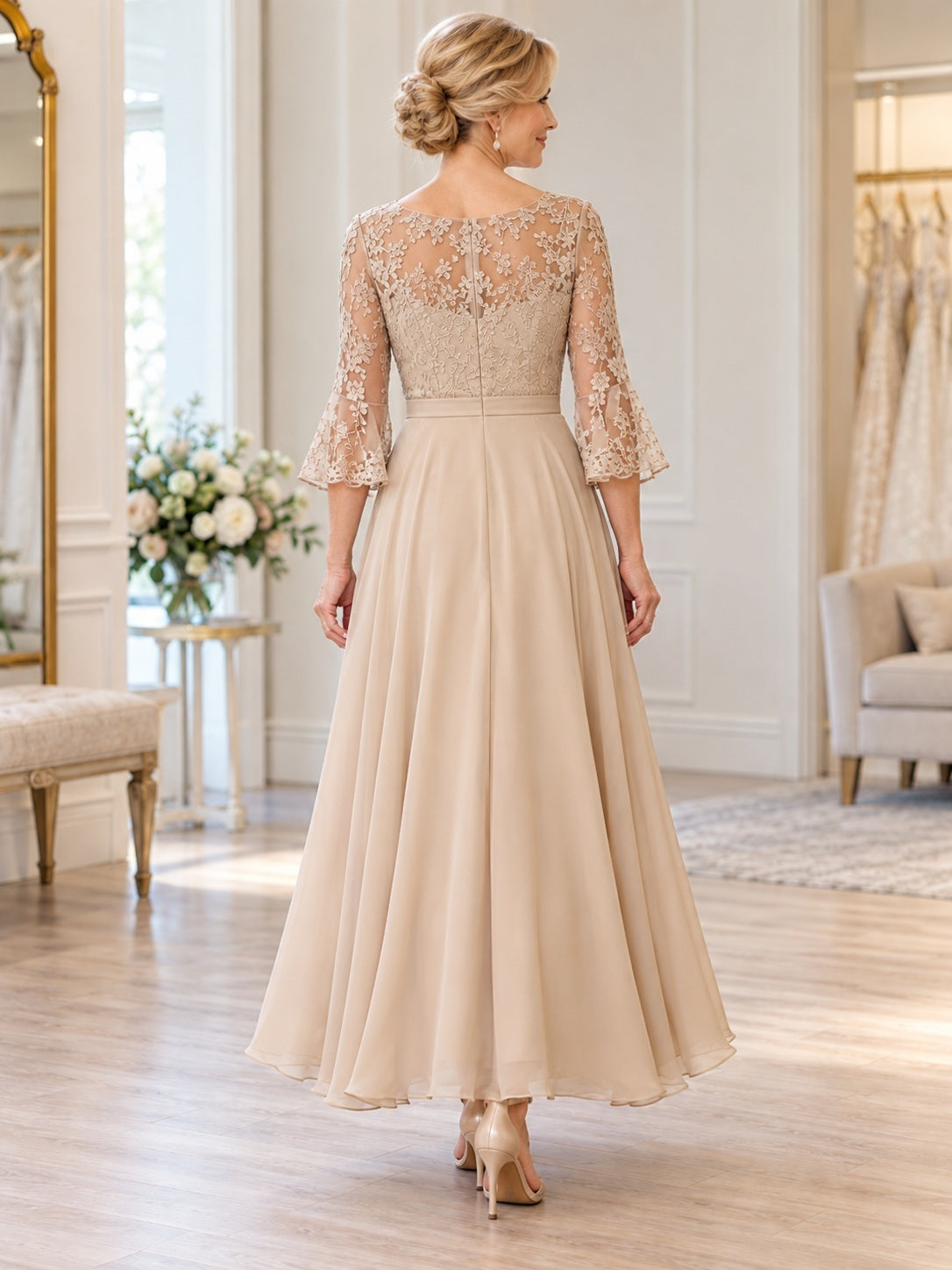 Tea-length Champagne Bell Sleeve Lace A-Line Chiffon Formal Mother Dress — back view