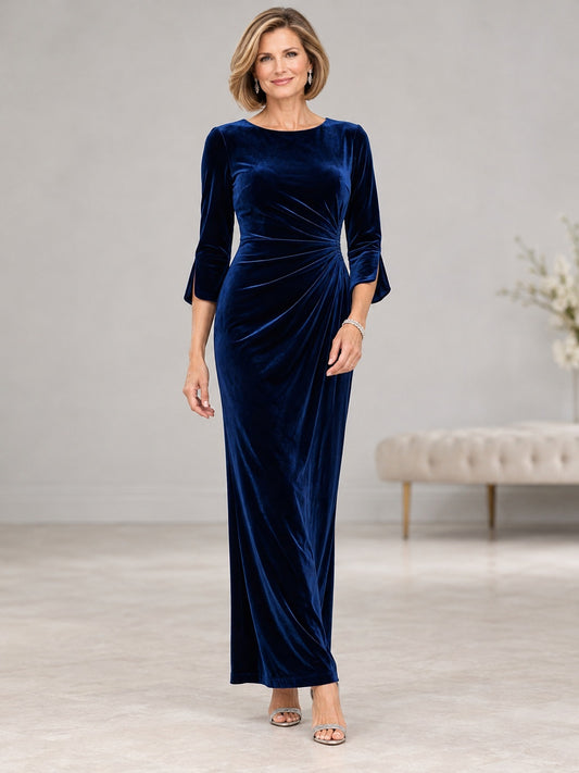 Robe Mère Jupe Crayon Manches Cloche Col Rond Velours Bleu Marine