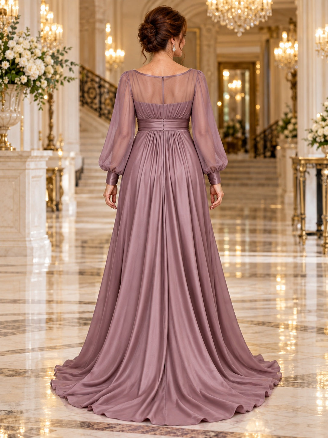 Long Sleeve Modest Mauve A-Line Satin Illusion Train Mother Dress