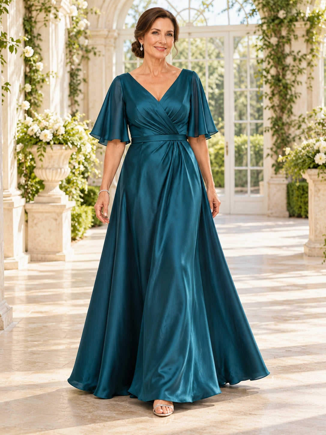 Langes, gesmoktes A-Linien-Satin-Mutterkleid in Pfauengrün mit V-Ausschnitt und fließenden Flügelärmeln