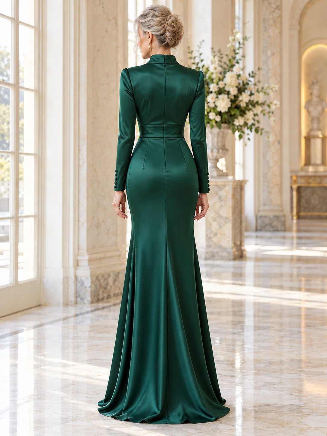 Vestido para madre de la novia o del novio de satén en verde oscuro, corte sirena/trompeta, cuello alto, escote drapeado, manga larga, largo hasta el suelo, estilo recatado